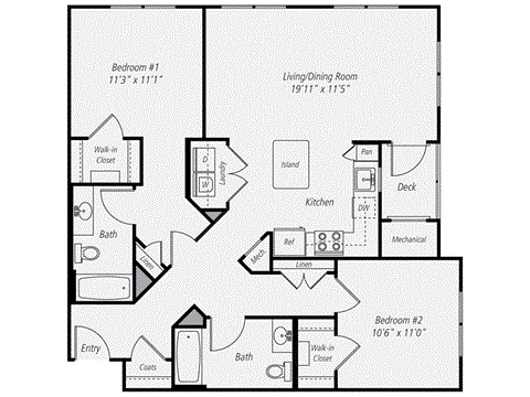 Floor plan for 2 beds, 2 baths, 1063 sqft